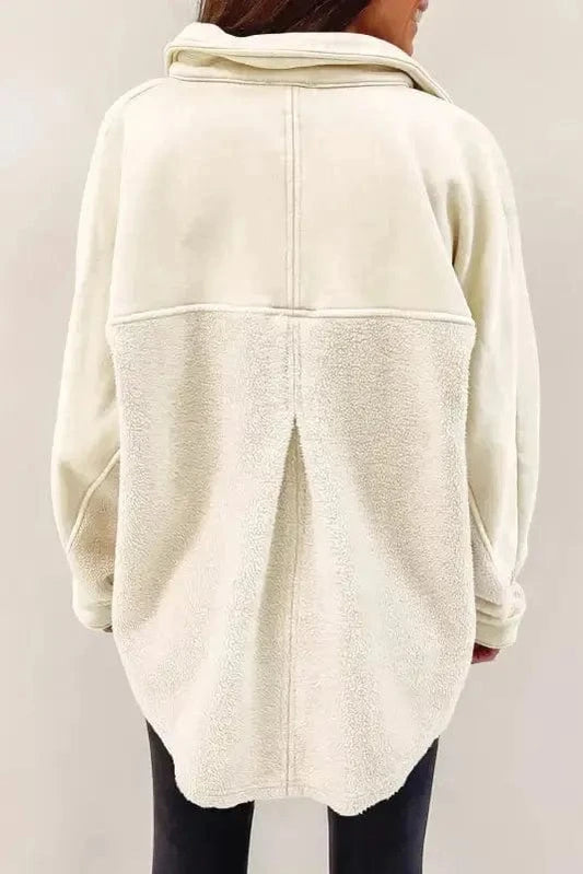 Shackets Beige Button-Up Stitching Pocket Raw Hem Shacket