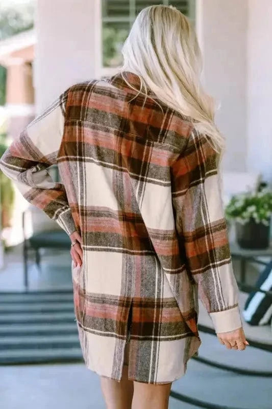 Shackets Brown Plaid Longline Shacket Coat for Women
