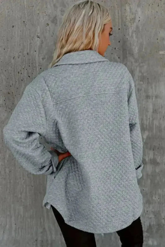 Lattice textured retro shacket showing unique woven pattern detail and flap pocket closure Fashionfitz UK
