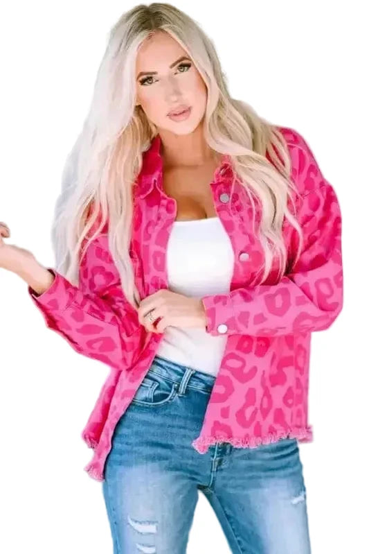 Shackets Pink / S / 100%Cotton Pink Leopard Print Denim Jacket