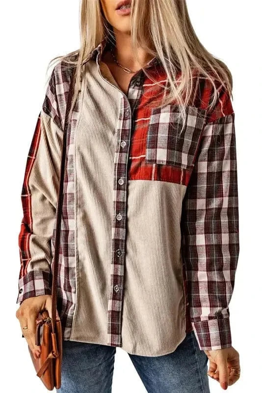 Shackets Plaid Corduroy Patchwork Shacket