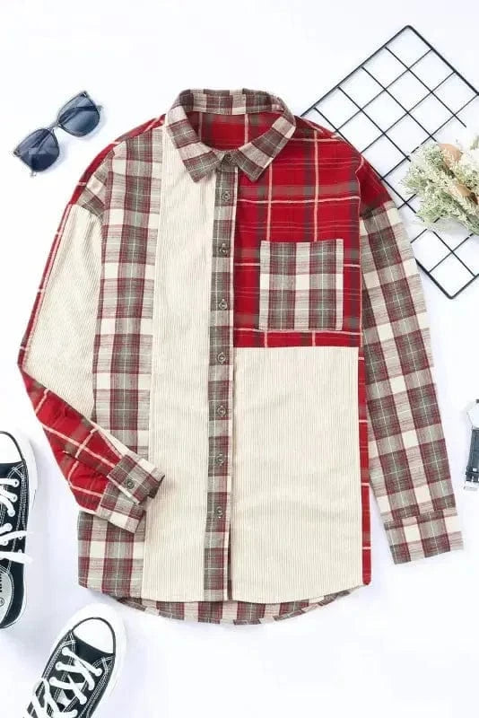 Shackets Plaid Corduroy Patchwork Shacket