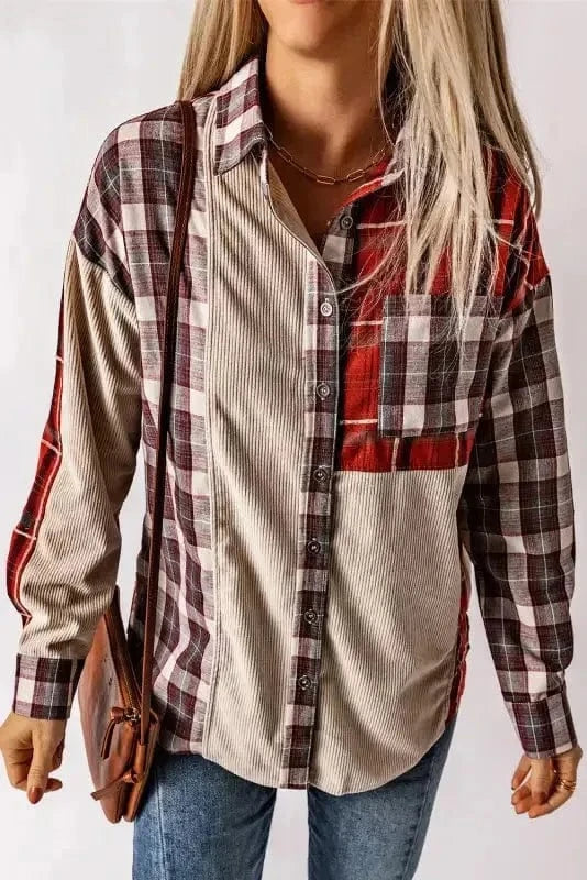 Shackets Plaid Corduroy Patchwork Shacket