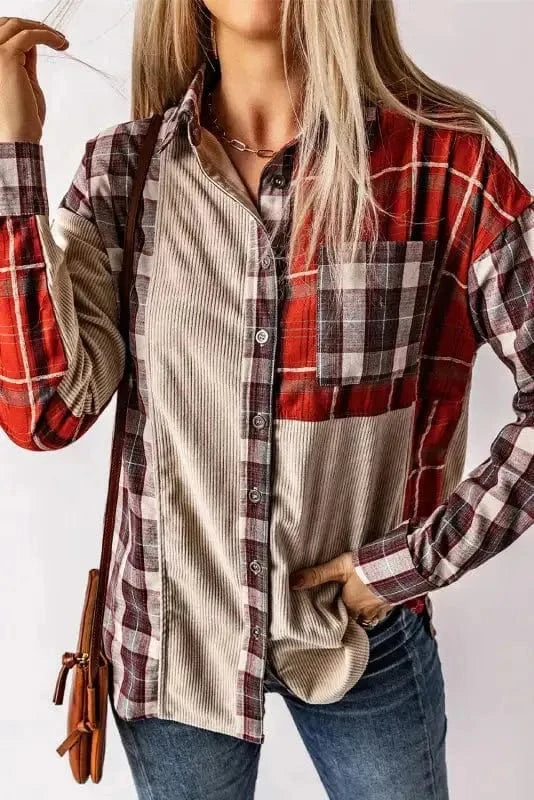 Shackets Plaid Corduroy Patchwork Shacket