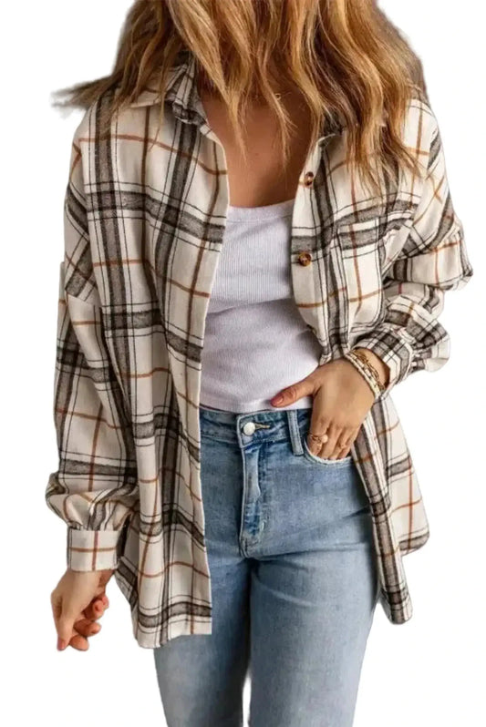 Woman wearing white plaid western shacket with hi-lo hem and button front Fashionfitz UK