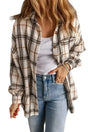 Woman wearing white plaid western shacket with hi-lo hem and button front Fashionfitz UK