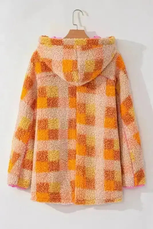 Check sherpa hooded jacket back view — Fashionfitz UK