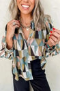 Geometric Print Balloon Sleeve Loose Fit Top Women UK in green — front view showing bold geometric print and balloon sleeve silhouette — Fashionfitz