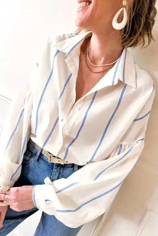 Shirts Sky Blue Stripe / S / 100%Polyester Striped Puff Sleeve Blouse – Flowy Bubble Shirt for Women