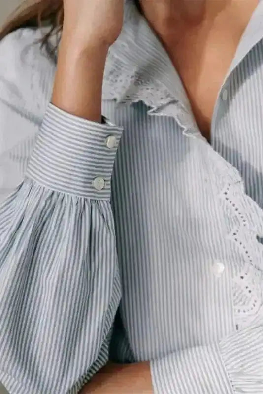 Shirts Sky Blue Striped Frill-Trim Shirt