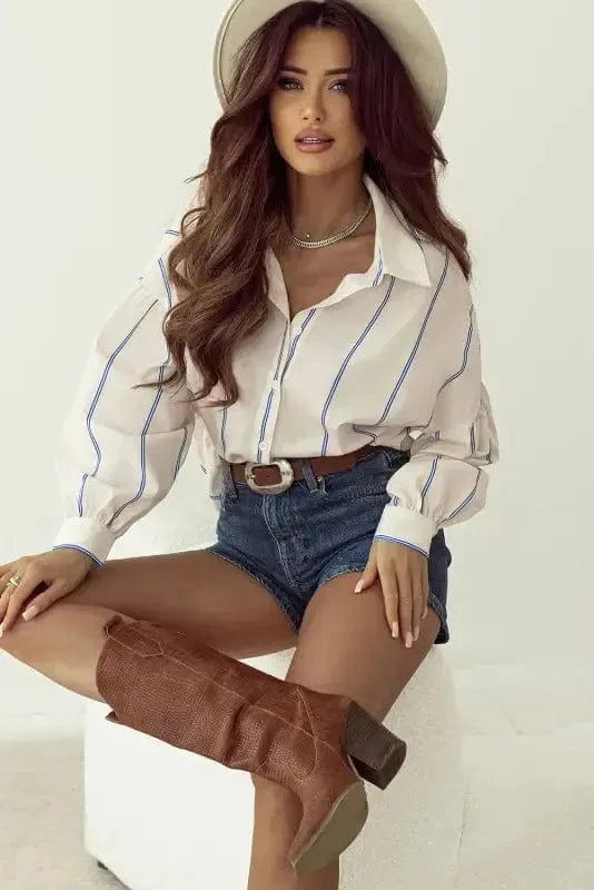 Shirts Striped Puff Sleeve Blouse – Flowy Bubble Shirt for Women