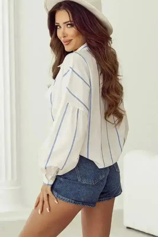 Shirts Striped Puff Sleeve Blouse – Flowy Bubble Shirt for Women
