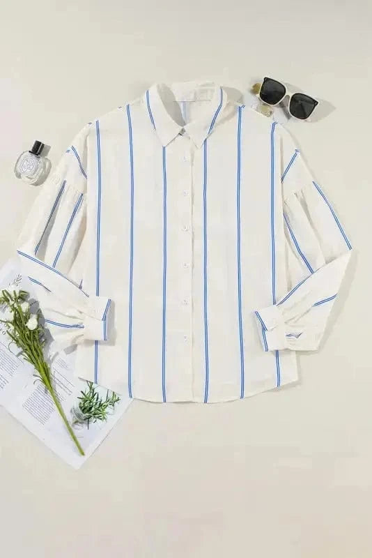 Shirts Striped Puff Sleeve Blouse – Flowy Bubble Shirt for Women