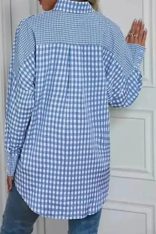 Blue plaid stripe long sleeve shirt back view — Fashionfitz UK