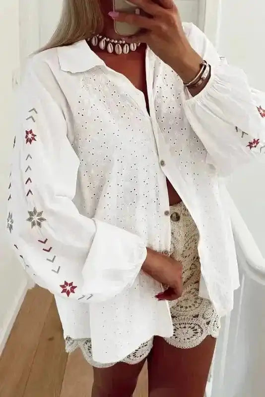 Shirts White / S / 100%Cotton Embroidered Bloom Puff Shirt