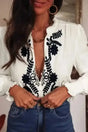 White Floral Embroidered Cotton Linen Shirt Women UK — front view showing raised floral embroidery and V-notch neckline — Fashionfitz