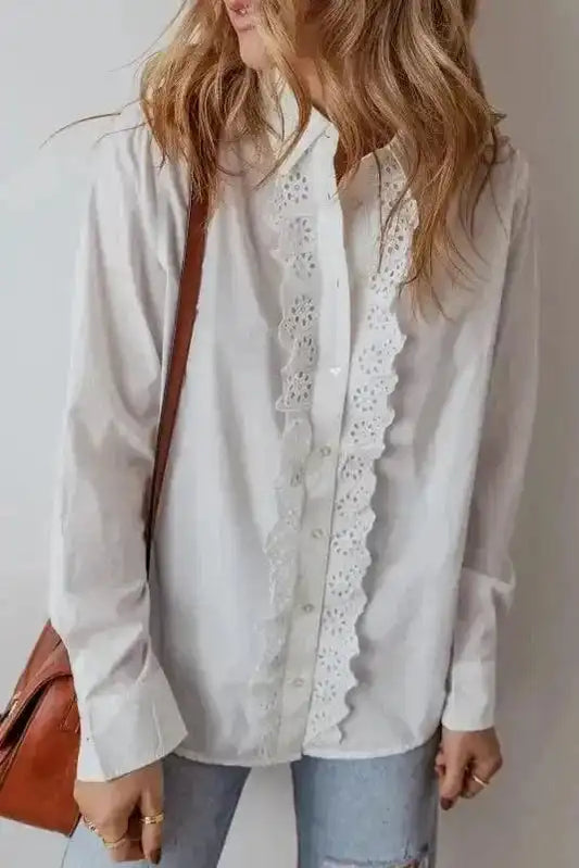 Shirts White / S / 100%Cotton White Lace Crochet Trim Shirt