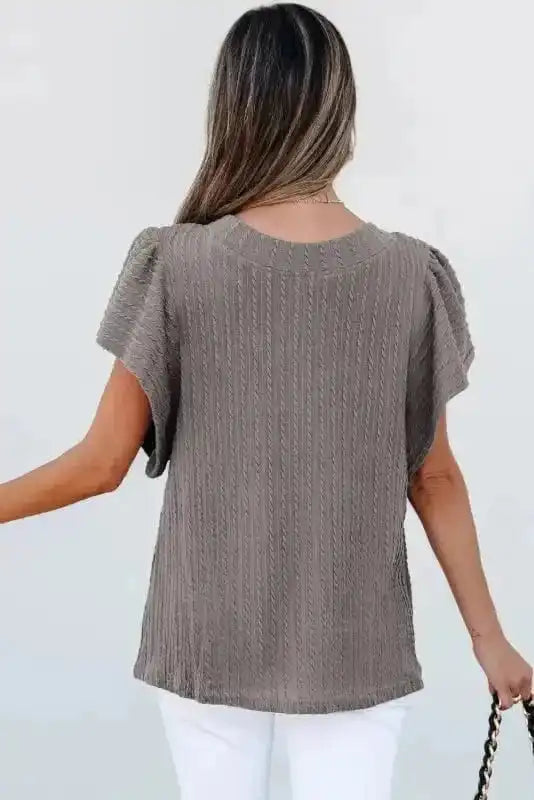 Short Sleeve Blouses Elegant Texture Flutter Top