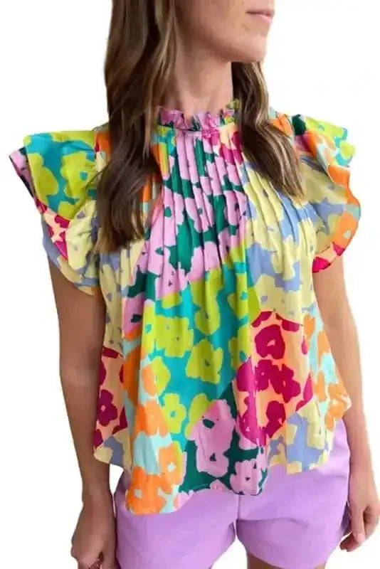 Short Sleeve Blouses Mosaic Flutter Blouse