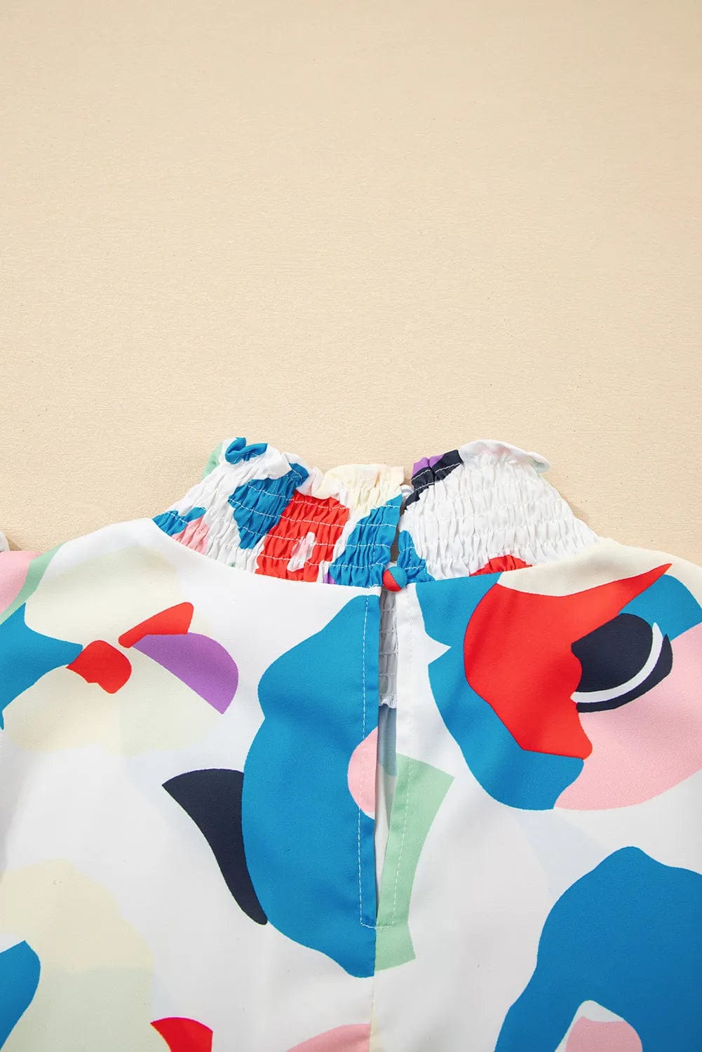 Short Sleeve Blouses Multicolor Abstract Print Ruffle Sleeve Smocked Blouse