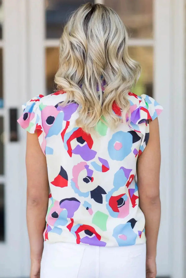 Multicolour abstract ruffle sleeve smocked blouse back view — Fashionfitz UK