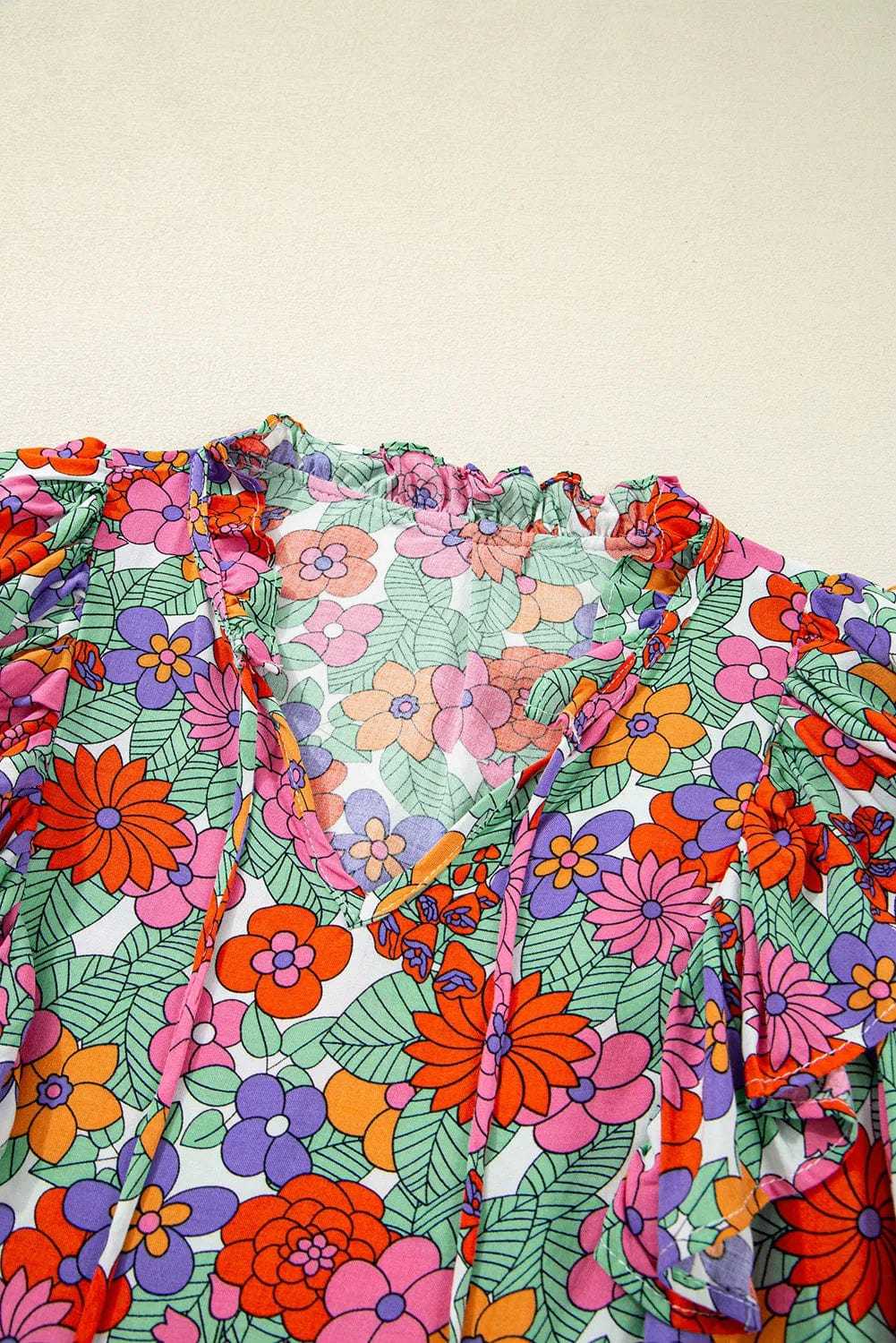 Short Sleeve Blouses Red Floral Puff Sleeve Blouse