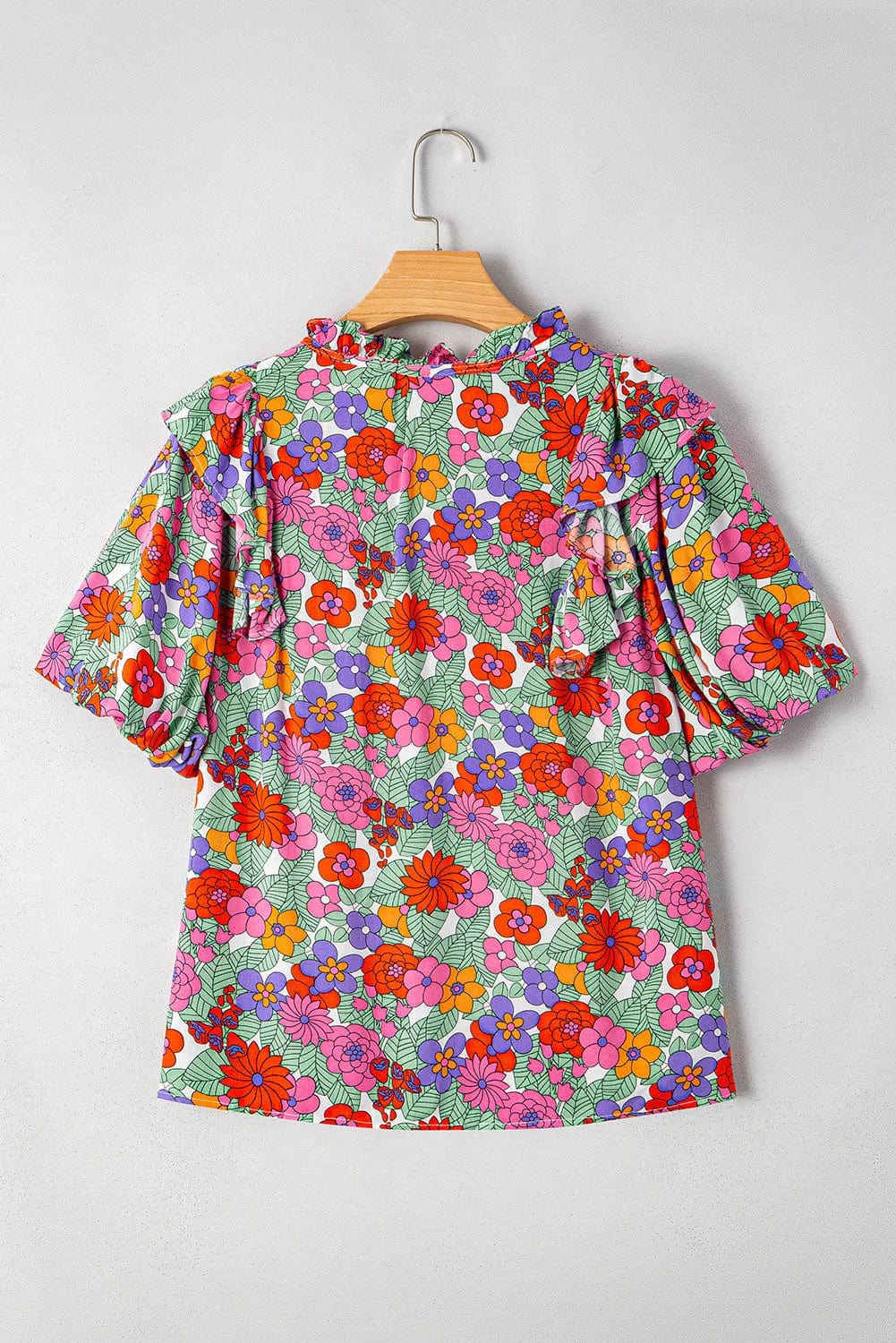 Short Sleeve Blouses Red Floral Puff Sleeve Blouse