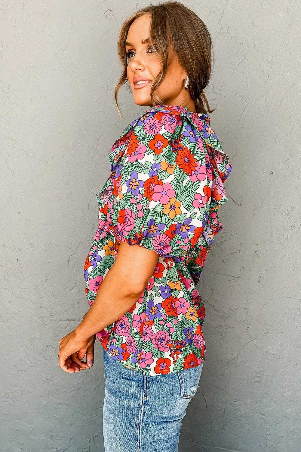 Short Sleeve Blouses Red Floral Puff Sleeve Blouse