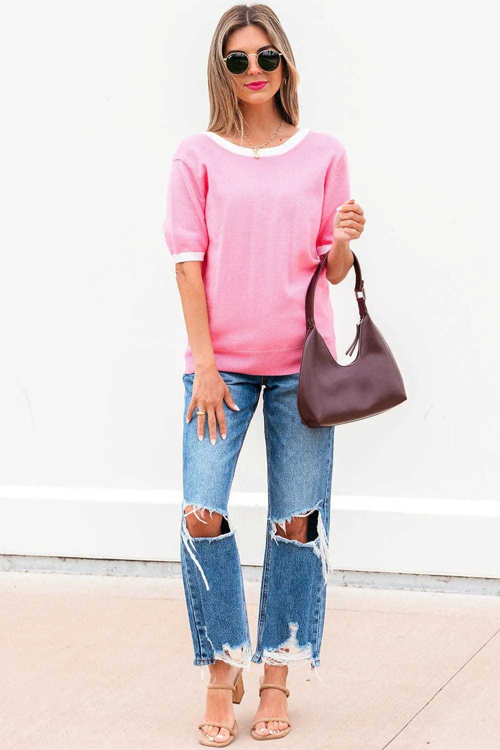 Short Sleeve Sweaters Bonbon Cut-Back Short Sleeve Jumper
