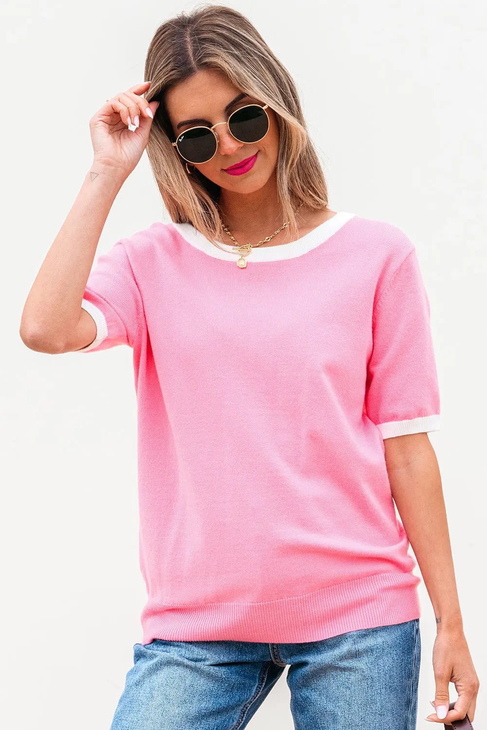 Short Sleeve Sweaters Bonbon Cut-Back Short Sleeve Jumper
