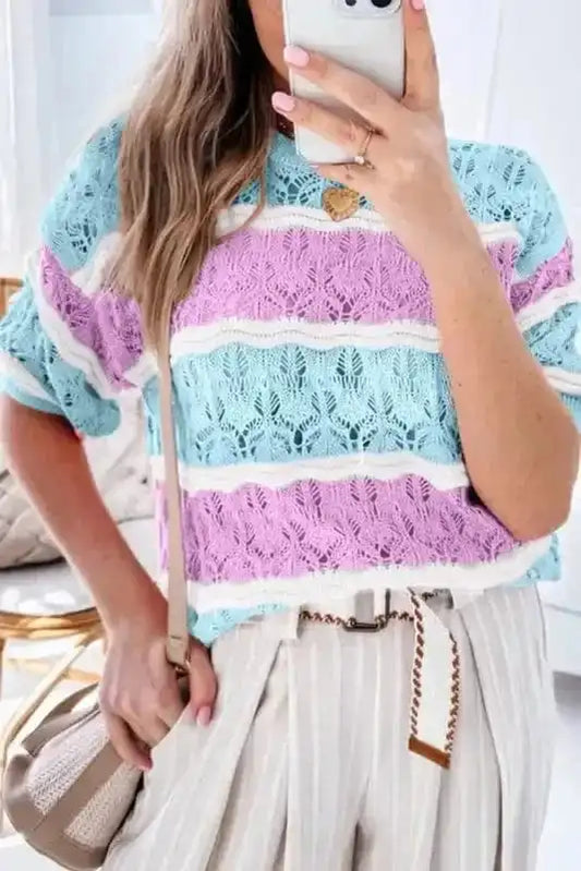 Short Sleeve Sweaters Purple Stripe / S / 100%Acrylic Mosaic Crochet Half Sleeve Sweater
