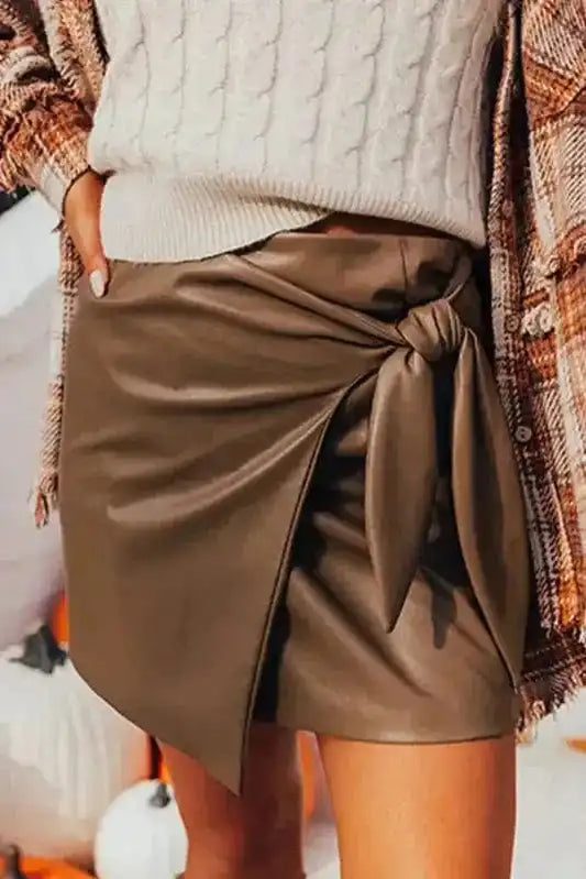 Skirts Coffee / S / 100%PU Café Chic Bowknot Mini - Faux Leather Skirt