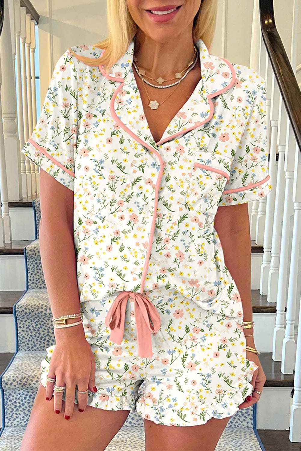 Sleepwear White / S / 95%Polyester+5%Elastane Floral Whisper Beige Pajama Set