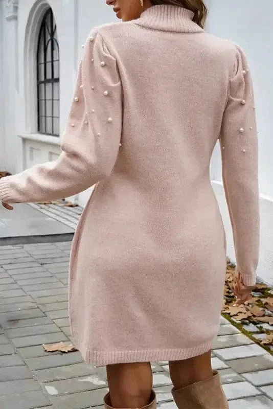 Sweater Dresses Pearl Beaded Jumper Dress - High Neck Bodycon