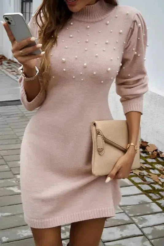 Sweater Dresses Pearl Beaded Jumper Dress - High Neck Bodycon