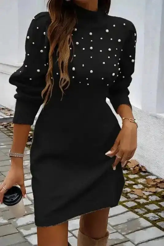 Sweater Dresses Pearl Beaded Jumper Dress - High Neck Bodycon