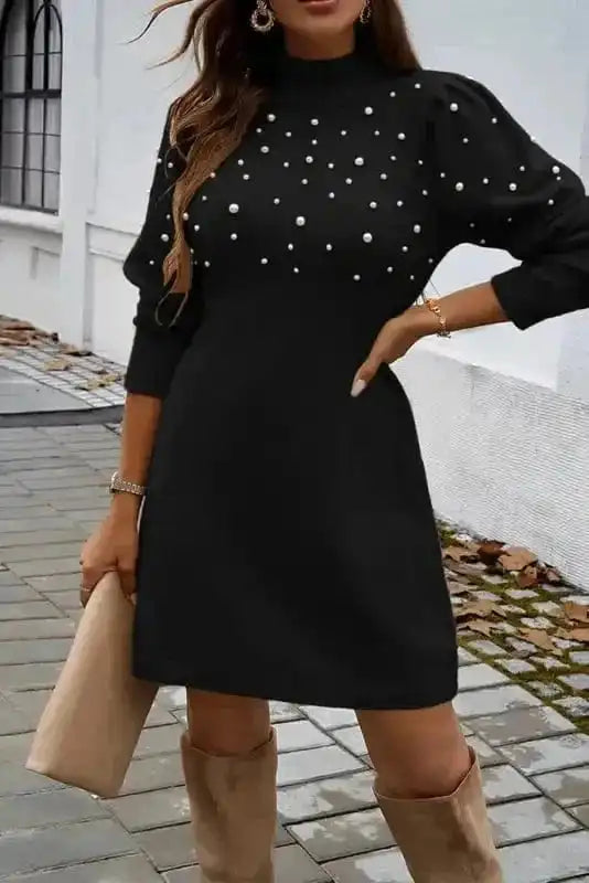 Sweater Dresses Pearl Beaded Jumper Dress - High Neck Bodycon