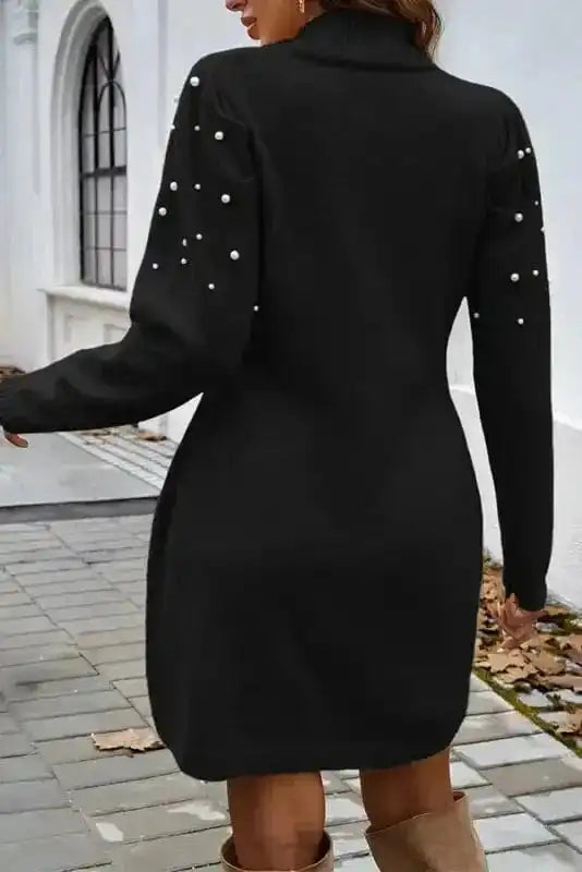 Sweater Dresses Pearl Beaded Jumper Dress - High Neck Bodycon