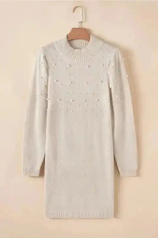 Sweater Dresses Pearl Beaded Jumper Dress - High Neck Bodycon