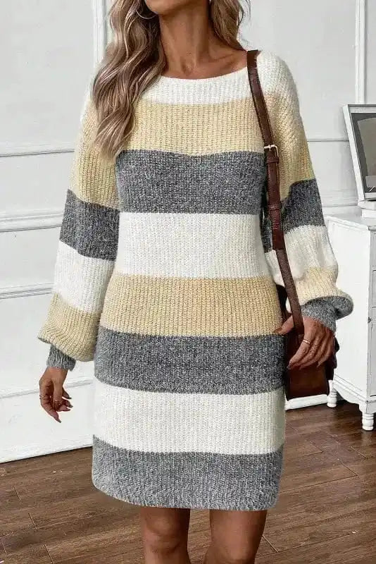 Sweater Dresses Stripe Jumper Dress - Bubble Sleeve Loose Fit