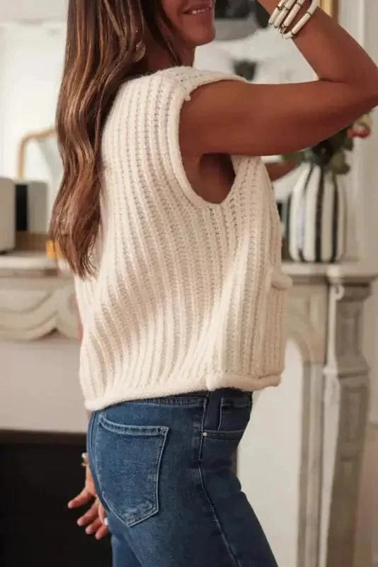 Sweater Vests Chunky Knit Vest - Side Pockets Buttoned