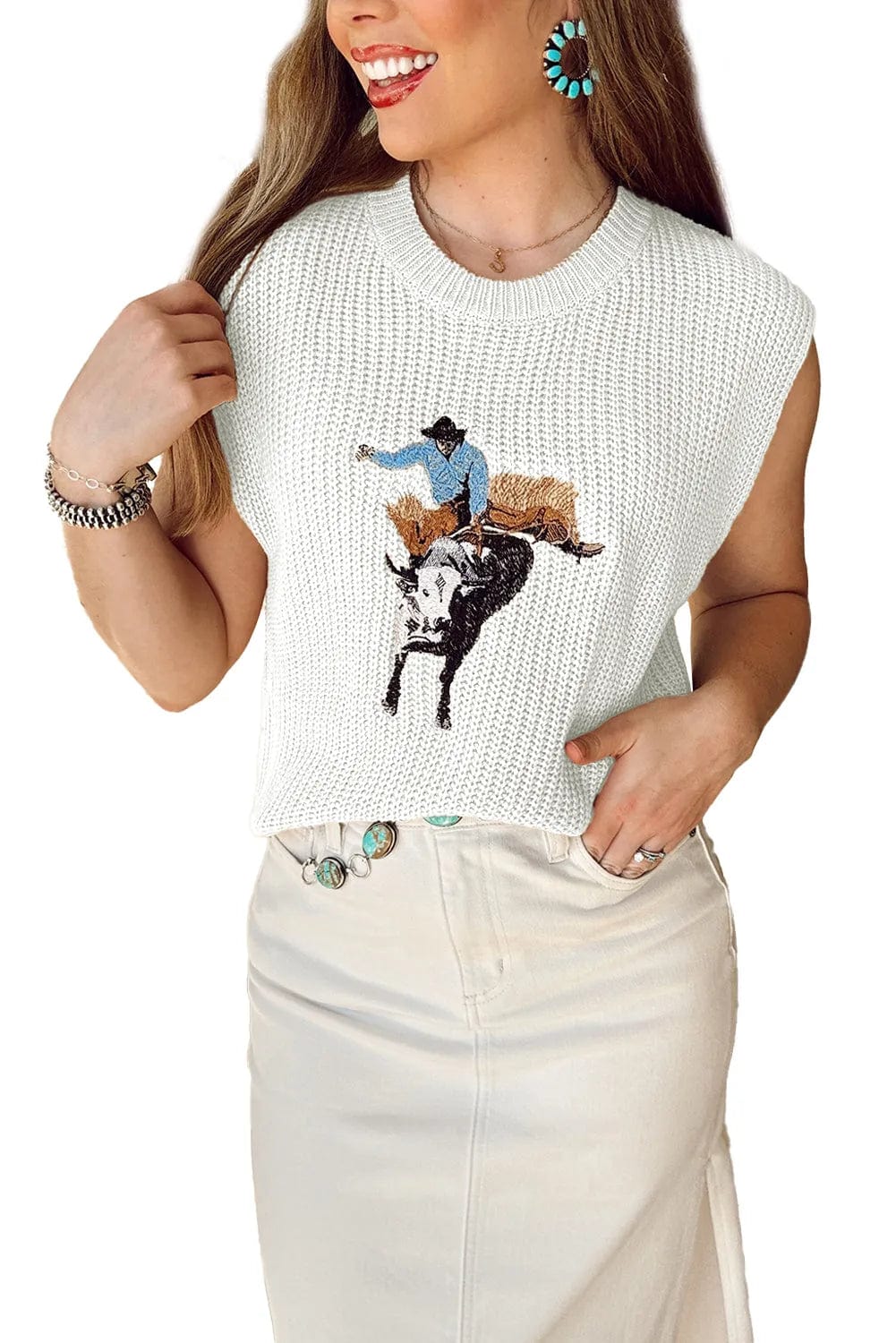 Sweater Vests Cowboy Embroidery Sleeveless Sweater
