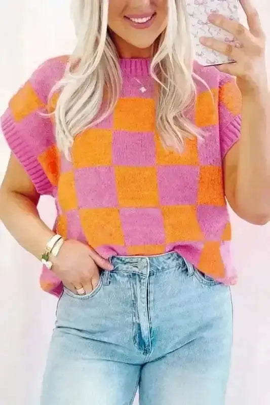 Sweater Vests Strawberry Pink / S / 50%Viscose+28%Polyester+22%Polyamide Plaid Perfection Ribbed Tank Top