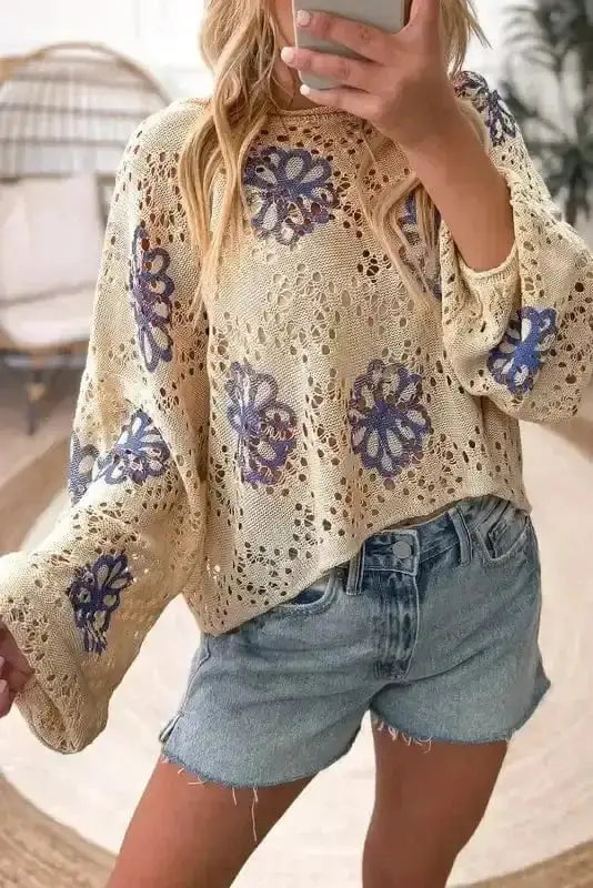 Beige eyelet floral knit sweater back view — Fashionfitz UK