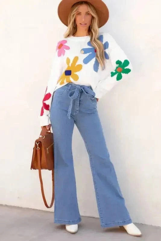 Sweaters Blossom White Floral Crewneck Sweater