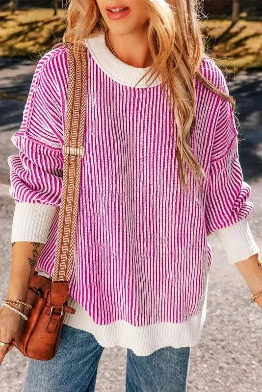 Sweaters Bright Pink / S / 100%Polyester Cozy Contrast Stripe Knit Sweater