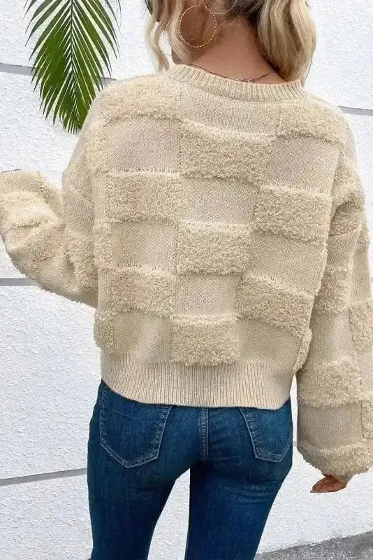 Checkered sherpa loose sweater back view — Fashionfitz UK
