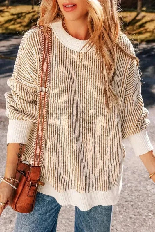 Sweaters Chestnut / S / 100%Polyester Cozy Contrast Stripe Knit Sweater