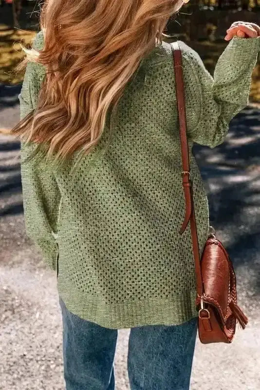 Eyelet V-neck knit sweater back view — Fashionfitz UK