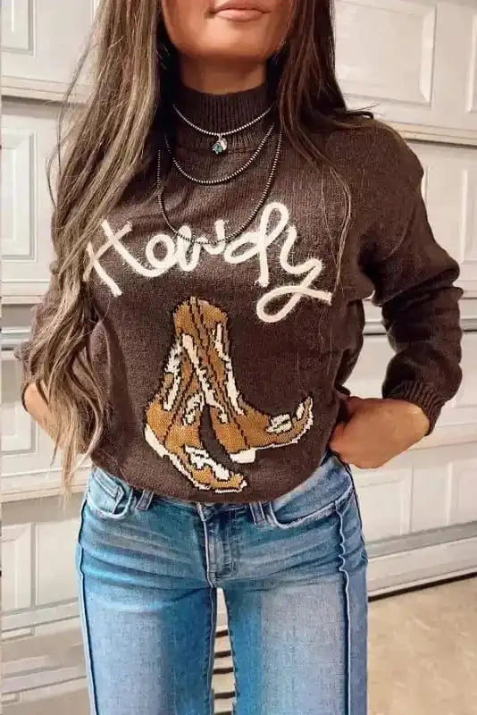 Sweaters Coffee / S / 50%Viscose+28%Polyester+22%Polyamide Western Howdy Boot Graphic Sweater